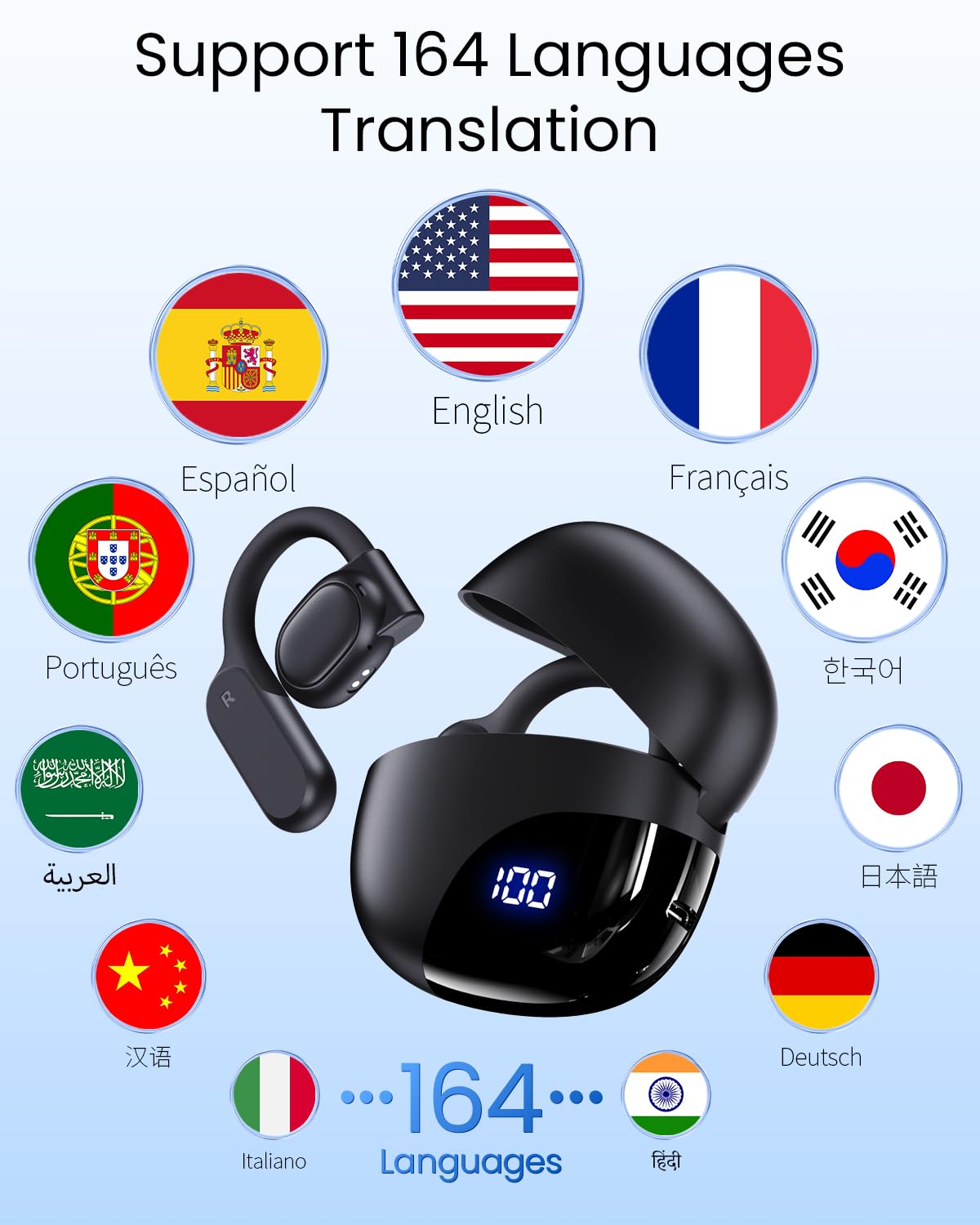 AI Translation Earbuds Real Time 164 Languages 80H Playtime Translator Ear Buds Audifonos Traductores Inglés Español Wireless Earphones Bluetooth AI Headphone for Travel Meeting Learning K08