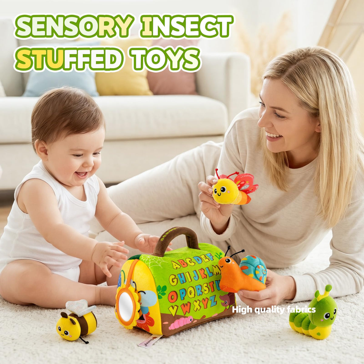 Baby Toys 6-12 Months, Insect House Sensory Toy Set with Rattle, Crinkling Parts and Mirror, Montessori Toy for 1-3, Plush Gift for Boys and Girls(Green)
