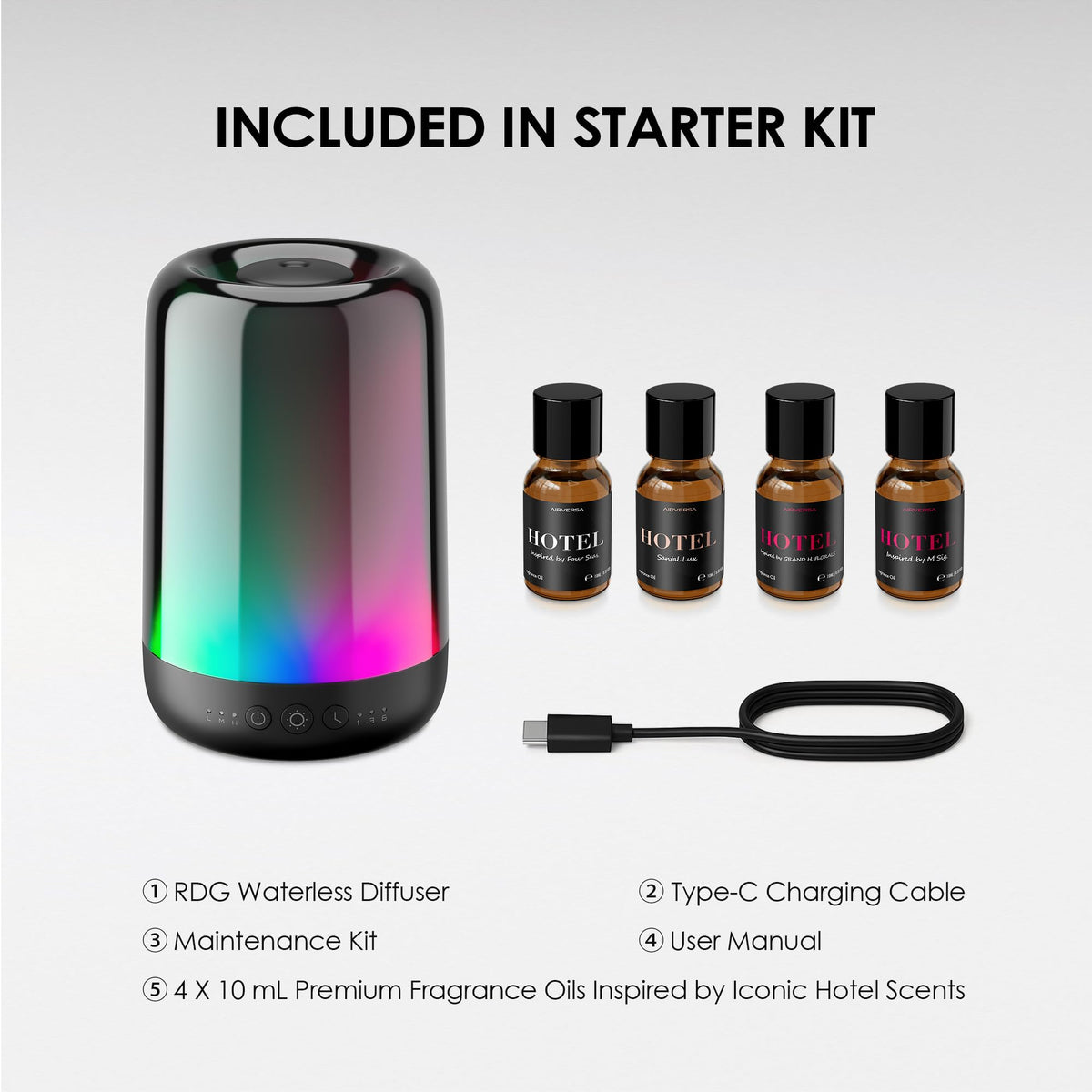 Airversa RDG Waterless Oil Diffuser with Rainbow Light, Black Starter Kit
