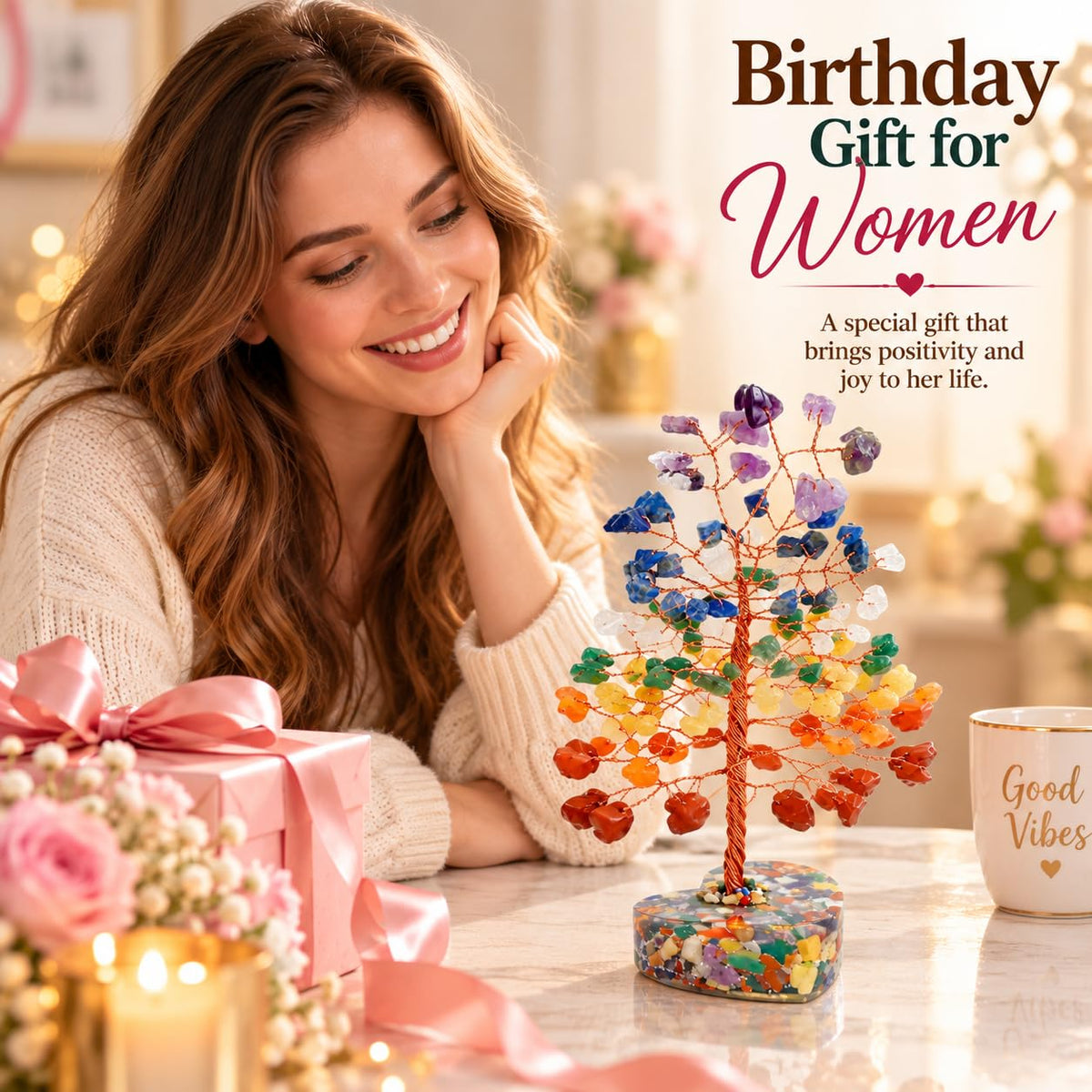 Crocon® 7 Chakra Heart Shape Base Crystals Tree, Birthday Gifts for Women