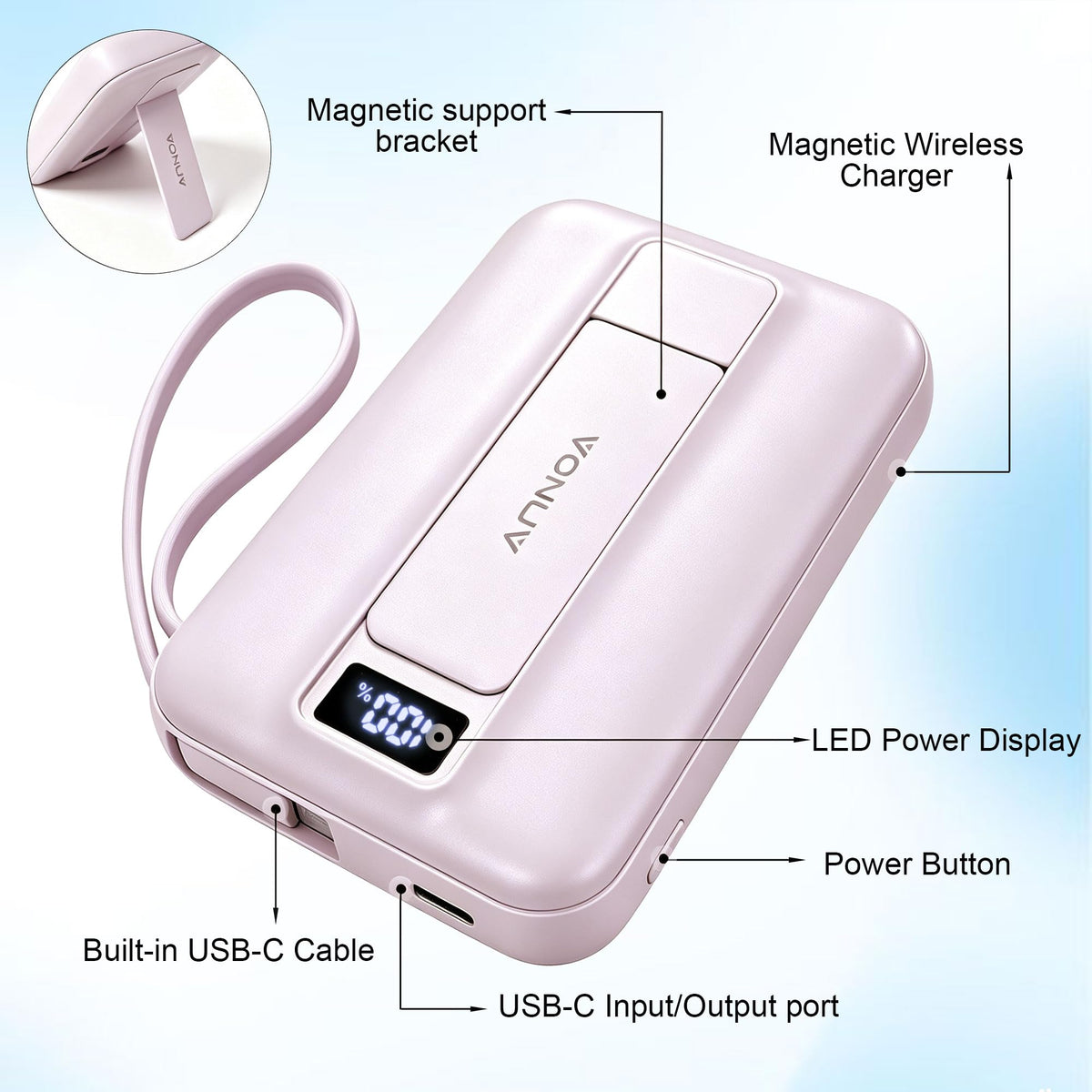 Magnetic Power Bank 10000mAh, Fast Charger with Built-in USB-C Cable(Pink)