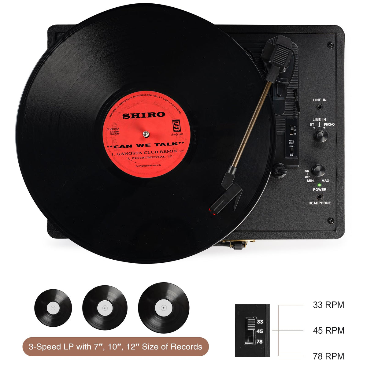 Retrolife® Vinyl Record Player with Speakers, Bluetooth Vinyl Player-Black