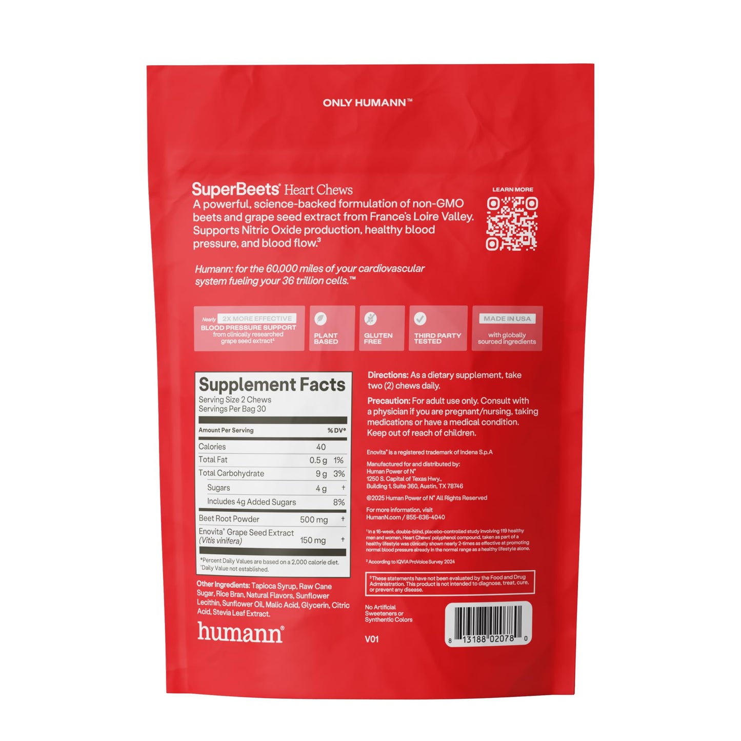 HumanN SuperBeets Heart Chews, Pomegranate Berry Flavor, 60 Ct