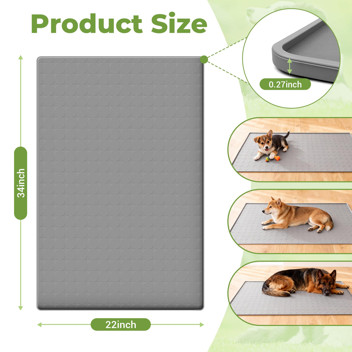 TCULOSD Extra Large 34x22 Inch Machine Washable Silicone Pet Food Mat - Waterproof Dog & Cat Bowl Mat with Raised Edge, Non-Slip Floor Protector for Large Dogs, Multi-Pet Homes (Grey)