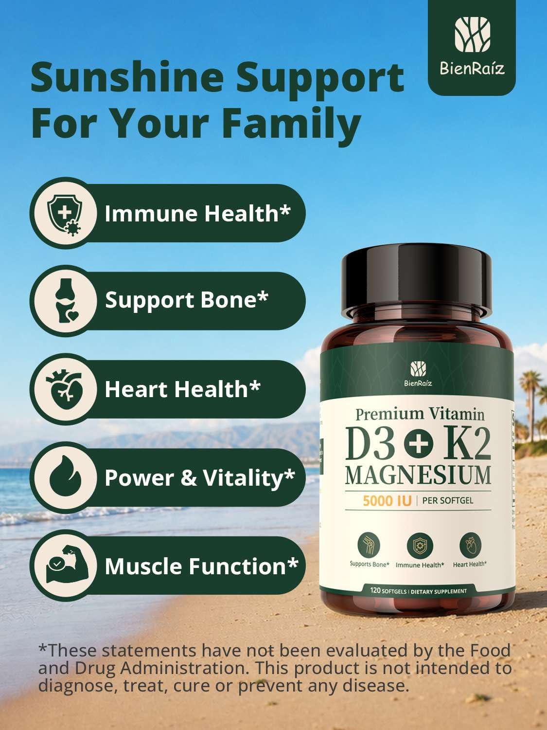 BienRaíz Vitamin D3 K2 Magnesium Glycinate, 120 Easy to Swallow Softgels