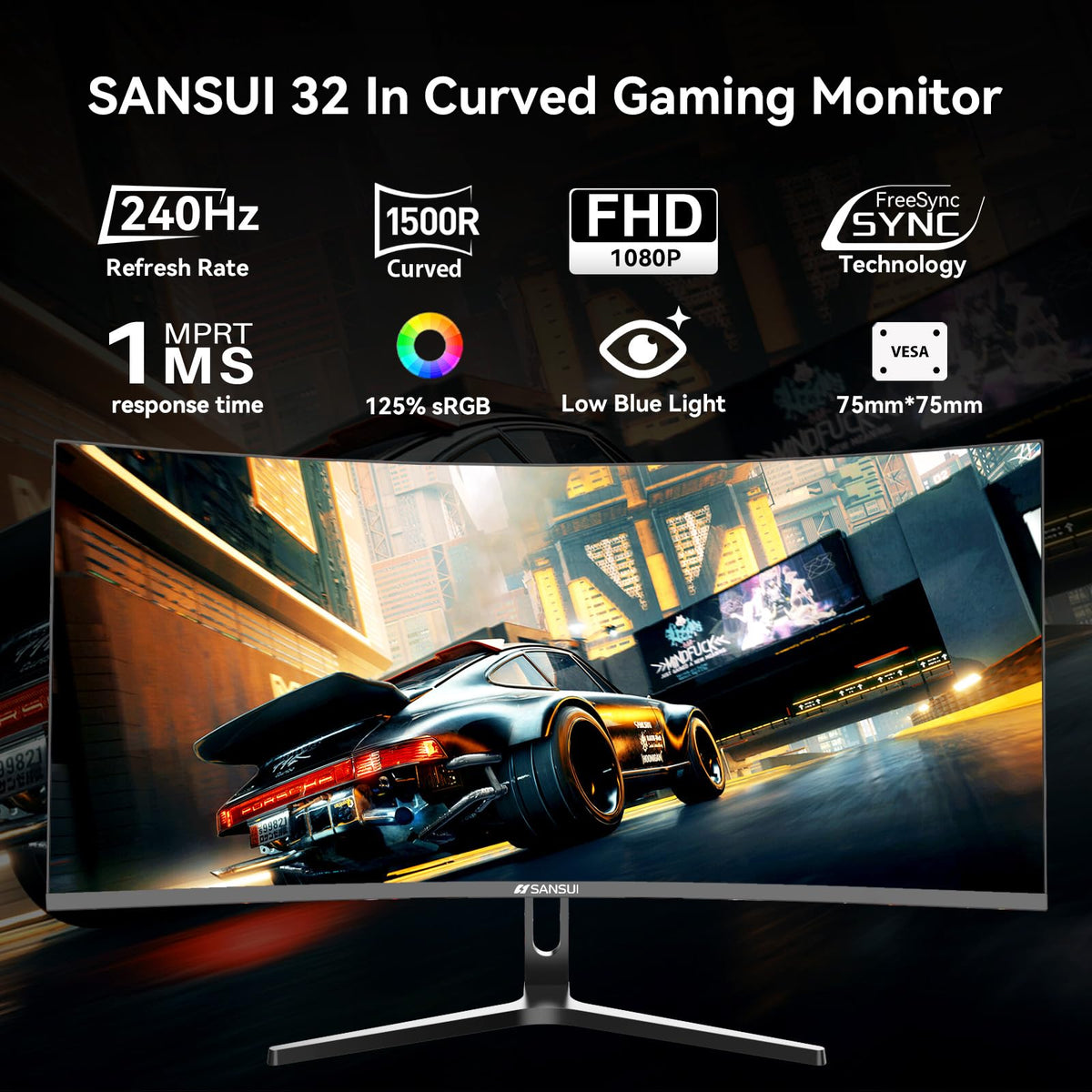 SANSUI 32 Inch Curved 240Hz Gaming Monitor High Refresh Rate, FHD 1080P