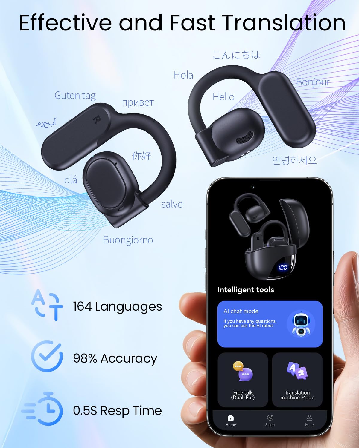 AI Translation Earbuds Real Time 164 Languages 80H Playtime Translator Ear Buds Audifonos Traductores Inglés Español Wireless Earphones Bluetooth AI Headphone for Travel Meeting Learning K08