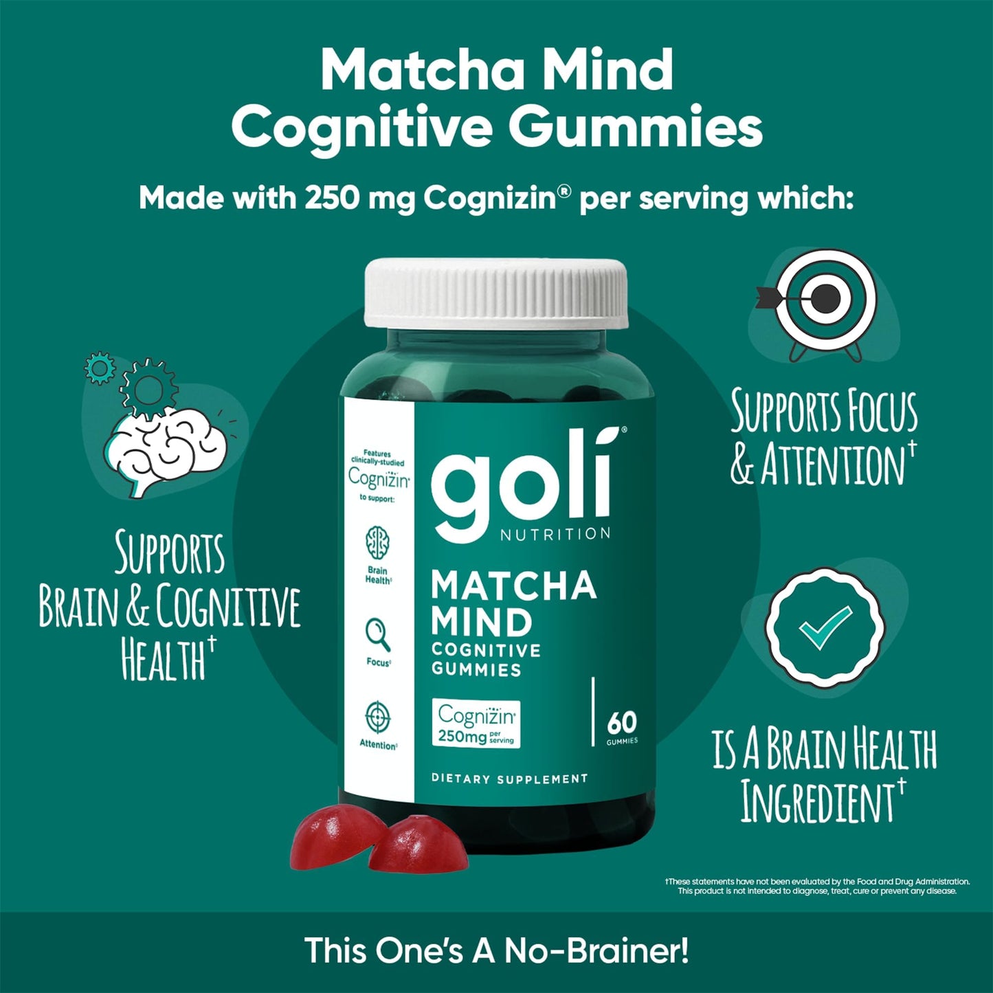 Goli Matcha Mind Cognitive Gummies with Cognizin Citicoline - 250mg Citicoline Plus Matcha Powder - Brain Health and Focus Support - Vegan, Non-GMO, Gluten-Free