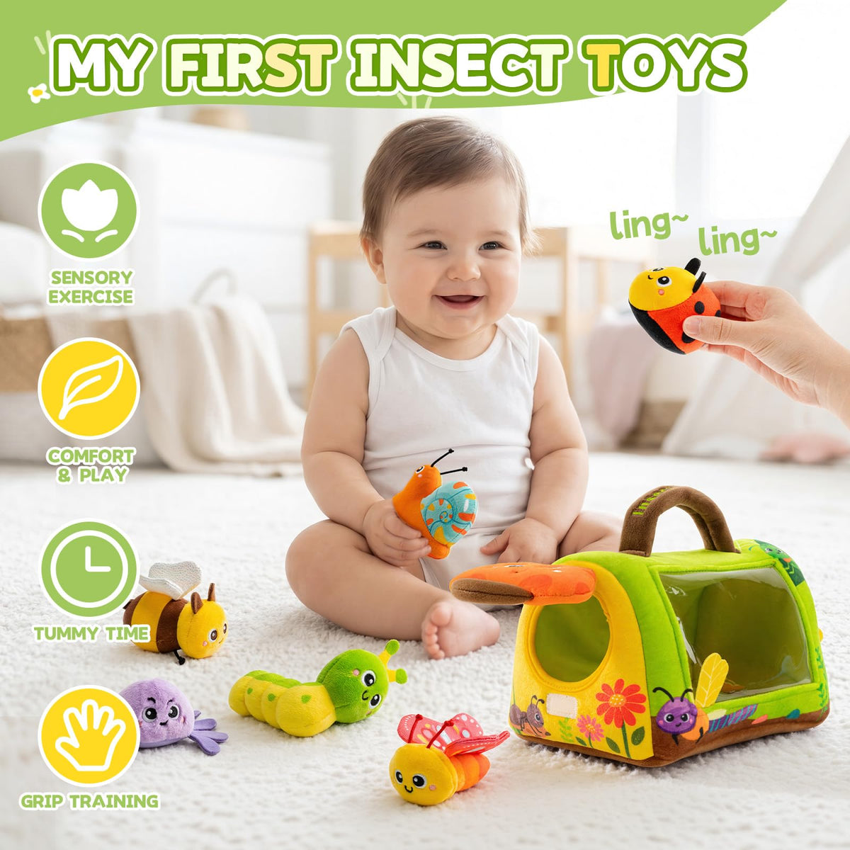 Baby Toys 6-12 Months, Insect House Sensory Toy Set with Rattle, Crinkling Parts and Mirror, Montessori Toy for 1-3, Plush Gift for Boys and Girls(Green)