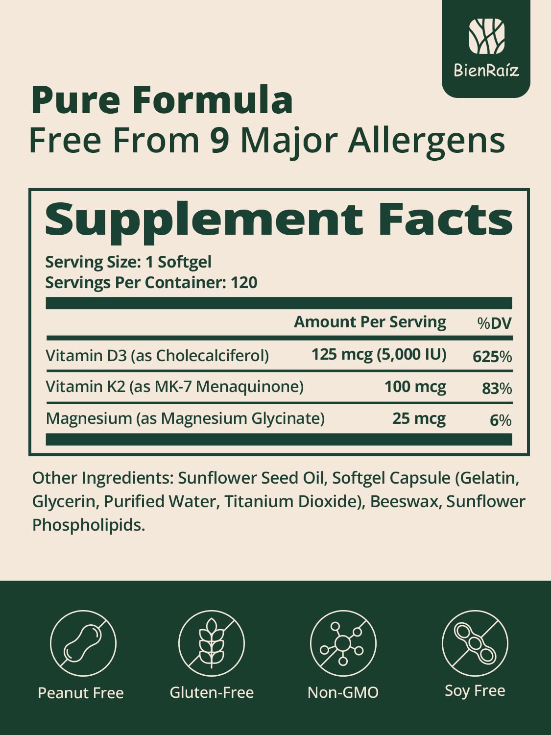 BienRaíz Vitamin D3 K2 Magnesium Glycinate, 120 Easy to Swallow Softgels