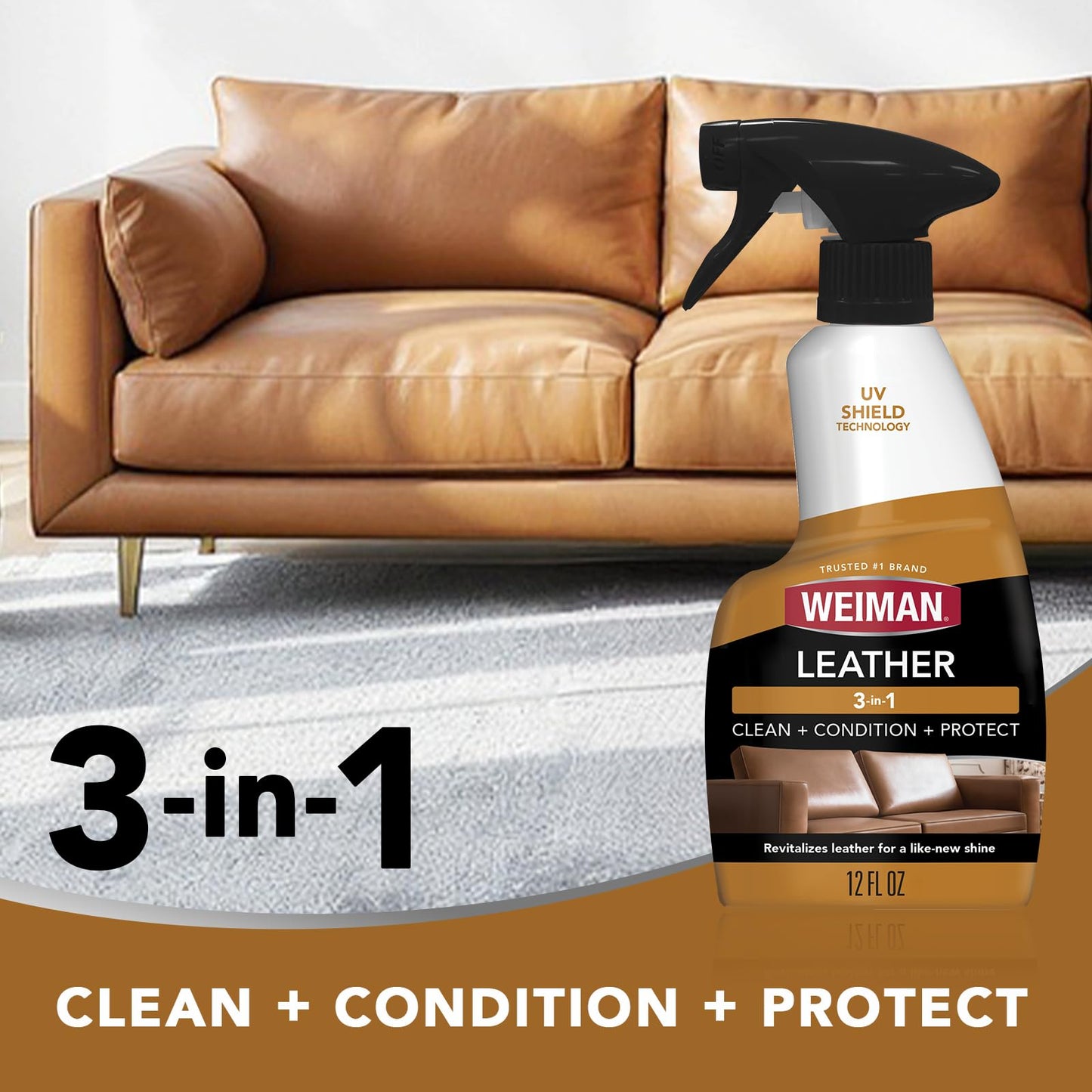 Weiman Leather Cleaner & Conditioner - Cleans, Restores & Protects Leather, UV Protection Prevent Cracking & Fading, Auto, Sofas, Shoes, Bags & All Finished Leather Surfaces, 1 Pack, 12 Fl Oz