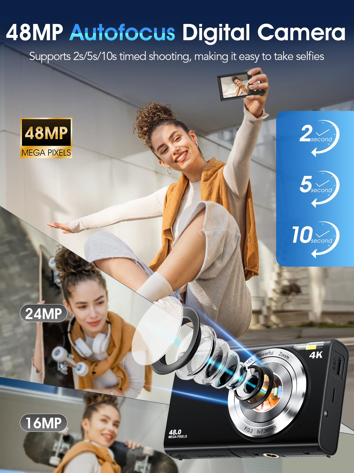 Digital Camera,Autofocus 4K 48MP Vlogging Camera for Photography,32GB Card