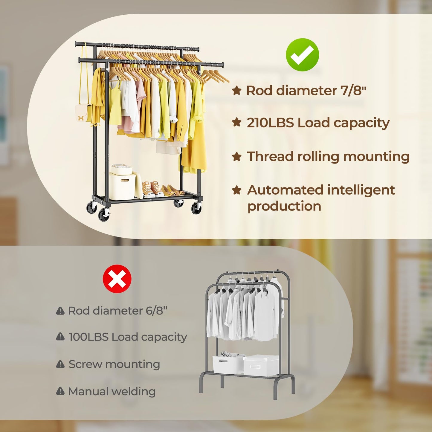 HYSEYY Double Rods Clothes Rack, Rolling Clothing Rack for Hanging Clothes Portable Wardrobe Rack, Metal Garment Rack Sturdy Coat Rack for Bedroom Laundry Living Room, Black