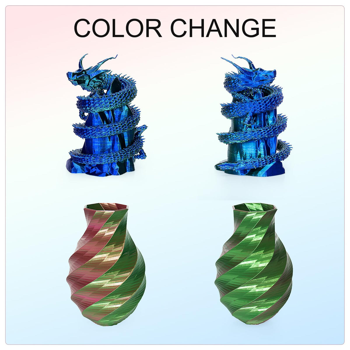 Kretrum Silk Dual Color 3D Printer Filament Bundle, 1.75 mm Color Changing PLA Bundle, 4 Spools 250g Each (Rose & Blue, Red & Gold, Violet & Green, Blue & Green)