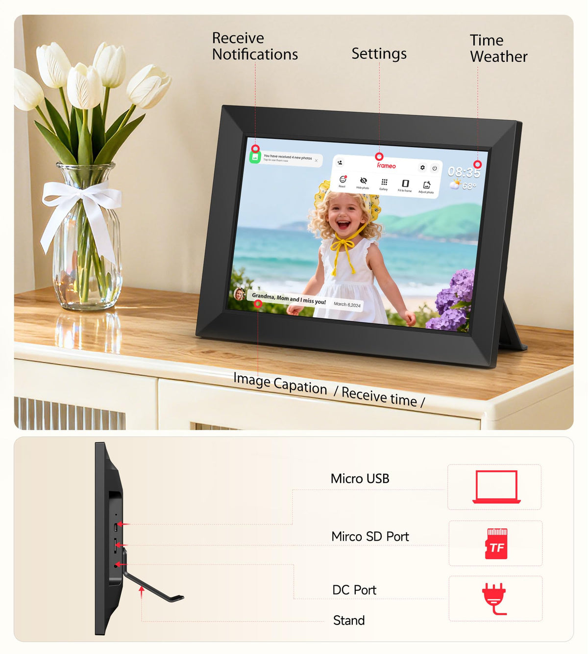 Frameo Digital Picture Frame 10.1" Electronic Photo Frames WiFi 32GB Memory