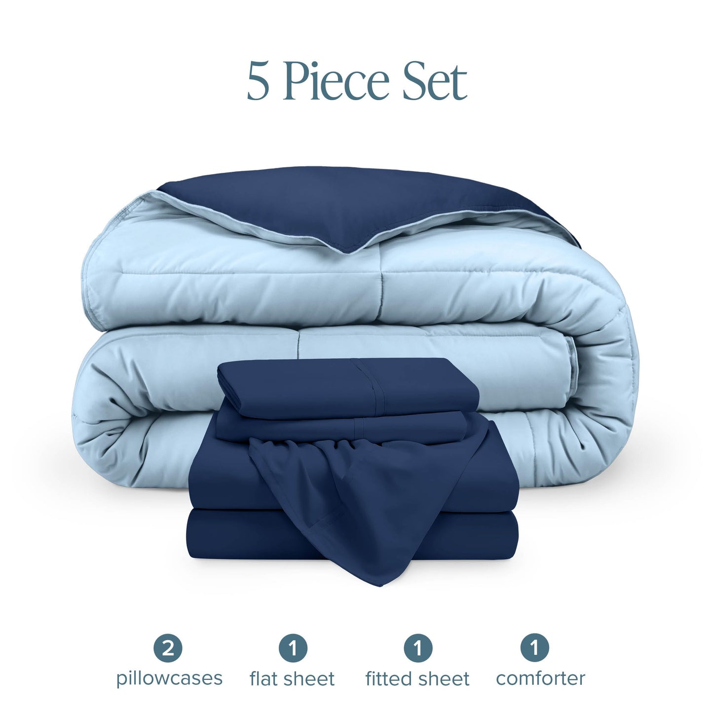 Bare Home Reversible Bed-in-A-Bag Comforter & Sheet Set - Queen - Down Alternative - Soft - Bedding Set (Queen, Dark Blue/Light Blue)