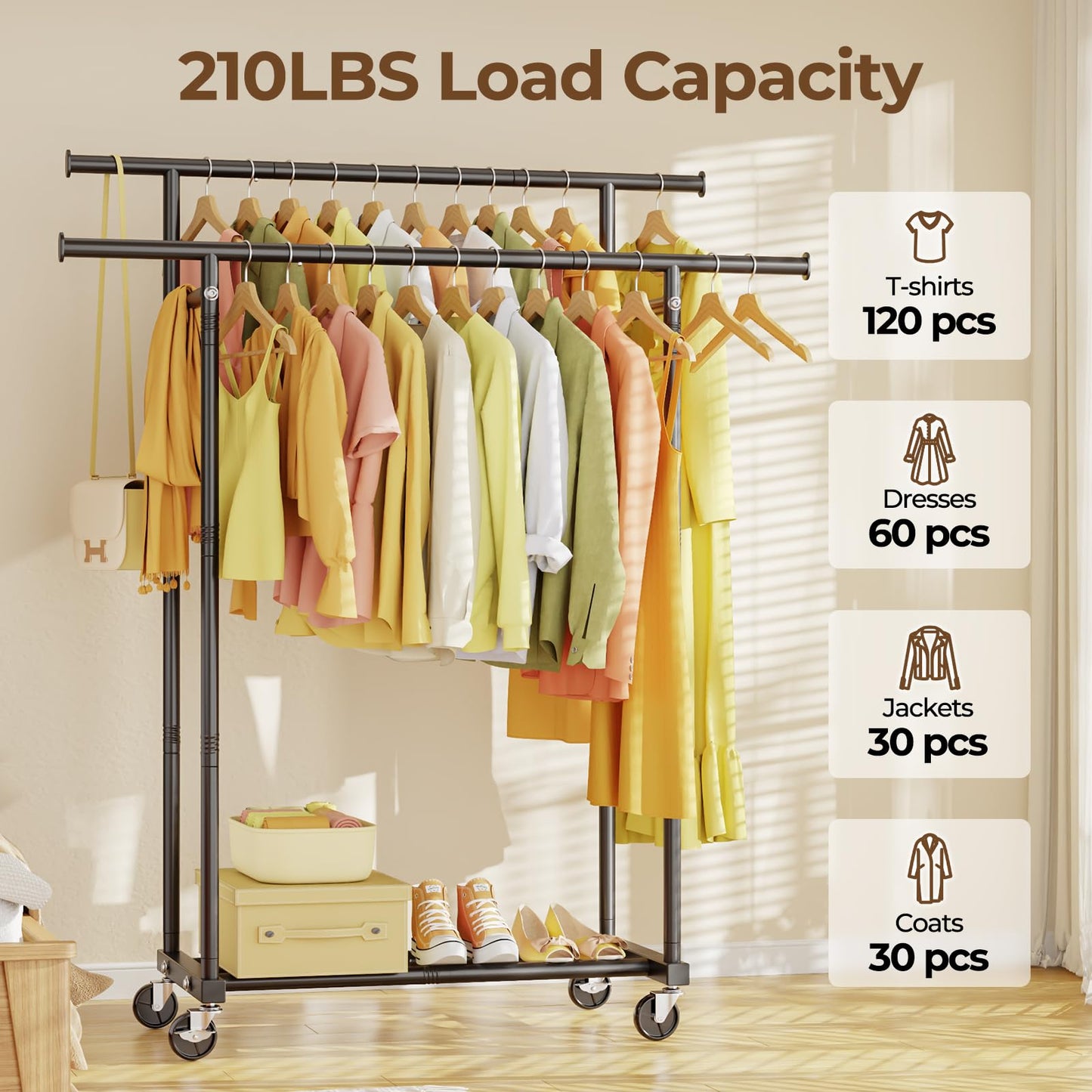 HYSEYY Double Rods Clothes Rack, Rolling Clothing Rack for Hanging Clothes Portable Wardrobe Rack, Metal Garment Rack Sturdy Coat Rack for Bedroom Laundry Living Room, Black