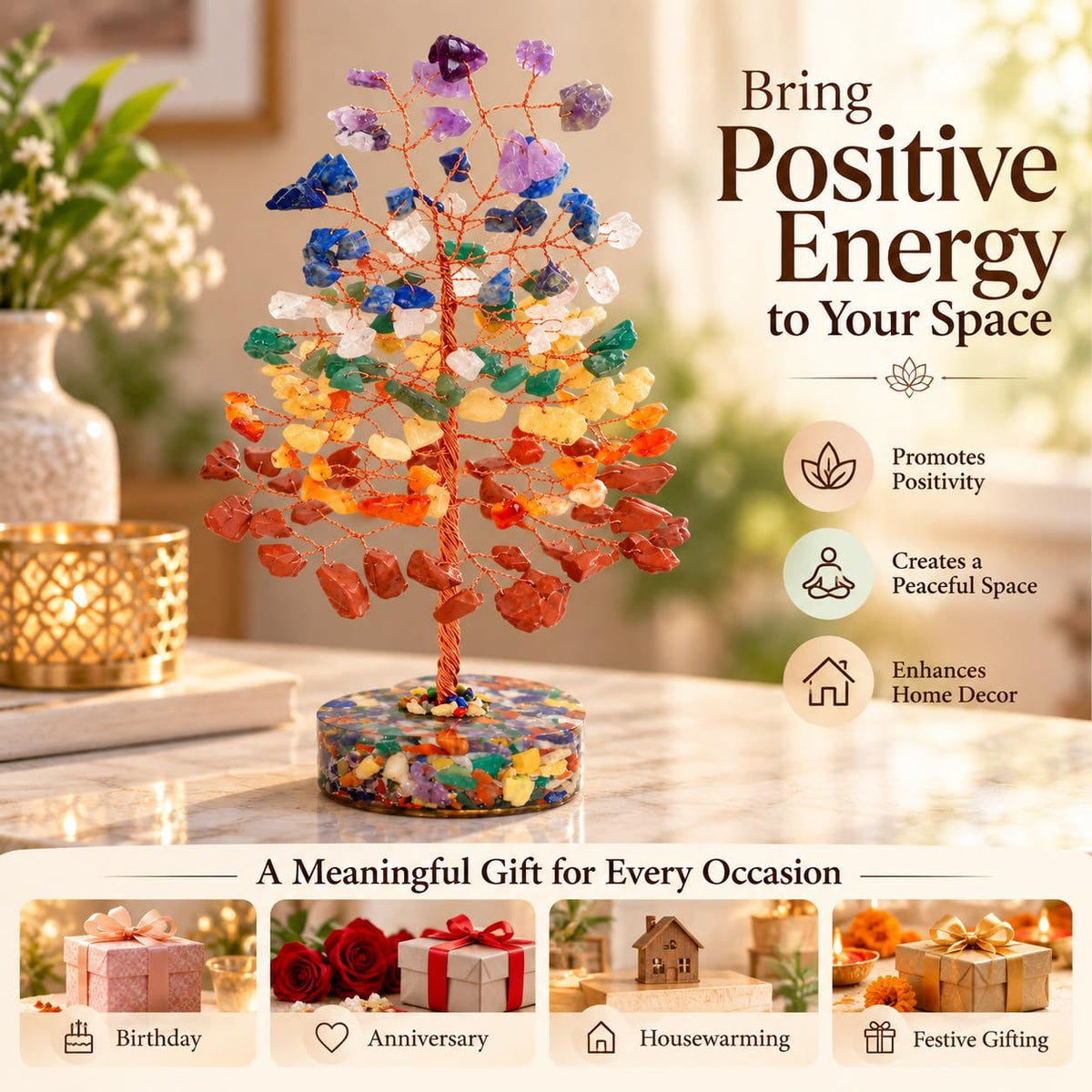 Crocon® 7 Chakra Heart Shape Base Crystals Tree, Birthday Gifts for Women