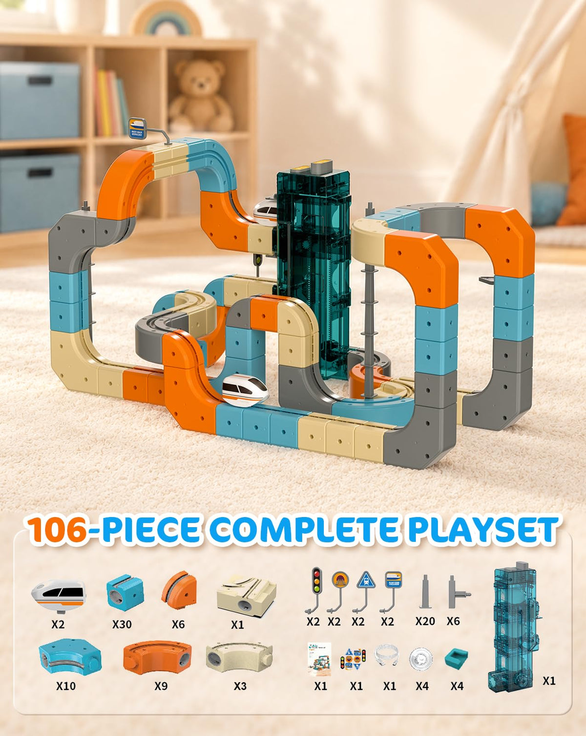 106PCS 3D Electric Train Track Toy Set for Kids with Interactive Elevator