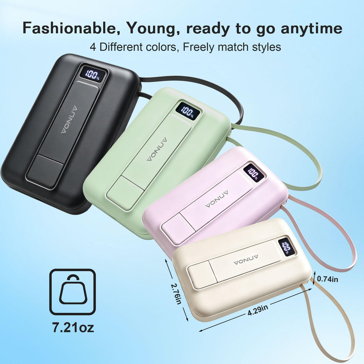 Magnetic Power Bank 10000mAh, Fast Charger with Built-in USB-C Cable(Pink)