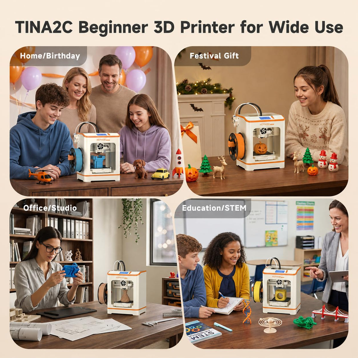 Hephi3d TINA2C 3D Printer Beginner Friendly, Easy-Ready to Print in 5 Mins