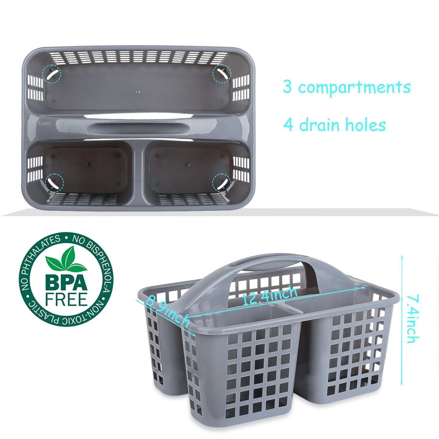 Portable Shower Caddy Basket Plastic Storage Basket with Compartments Grey