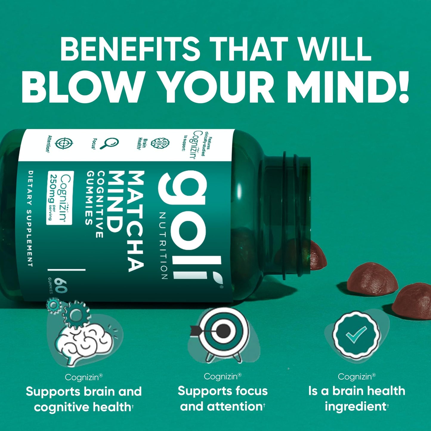 Goli Matcha Mind Cognitive Gummies with Cognizin Citicoline - 250mg Citicoline Plus Matcha Powder - Brain Health and Focus Support - Vegan, Non-GMO, Gluten-Free