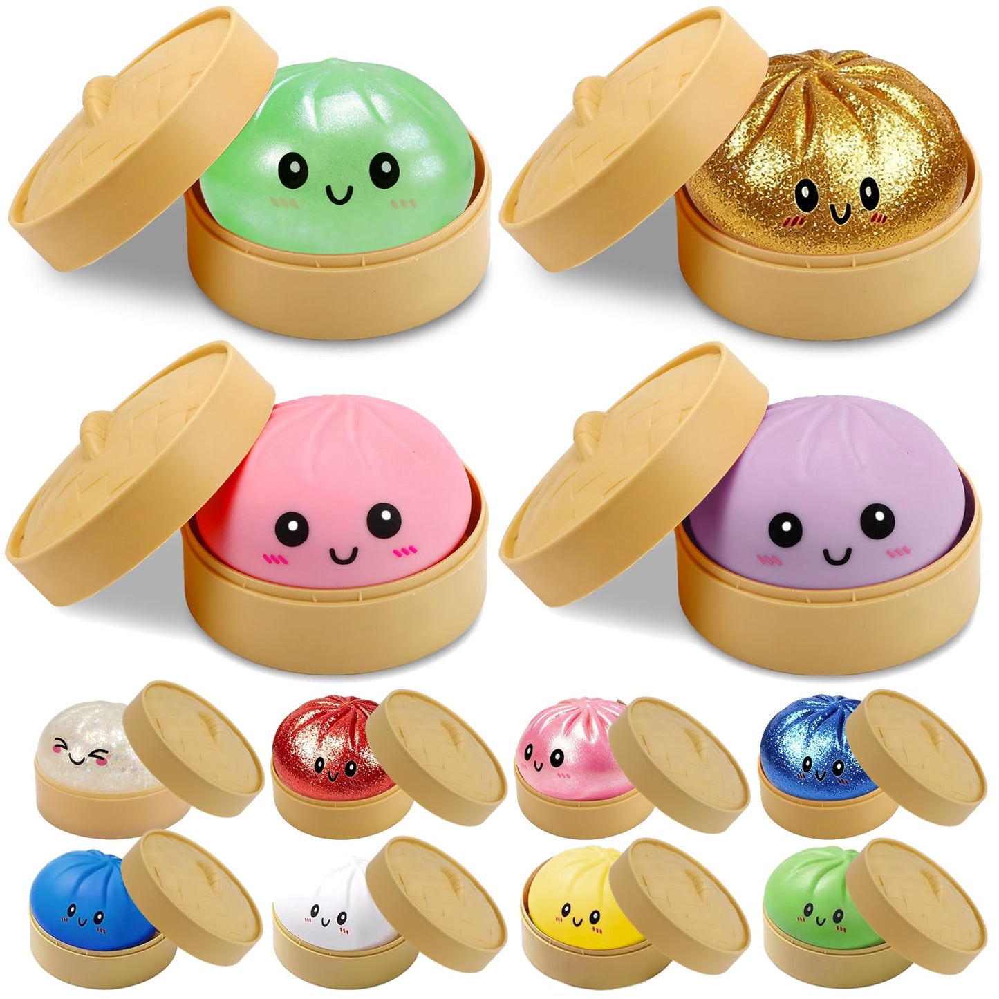4 Pack Dumpling Squishies, Colorful Dumplings Stress Balls Fidget with Mystery Box Easter Basket Stuffers Stocking Stuffers with Food Steamer Stretchy