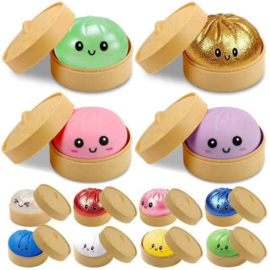 4 Pack Dumpling Squishies, Colorful Dumplings Stress Balls Fidget with Mystery Box Easter Basket Stuffers Stocking Stuffers with Food Steamer Stretchy