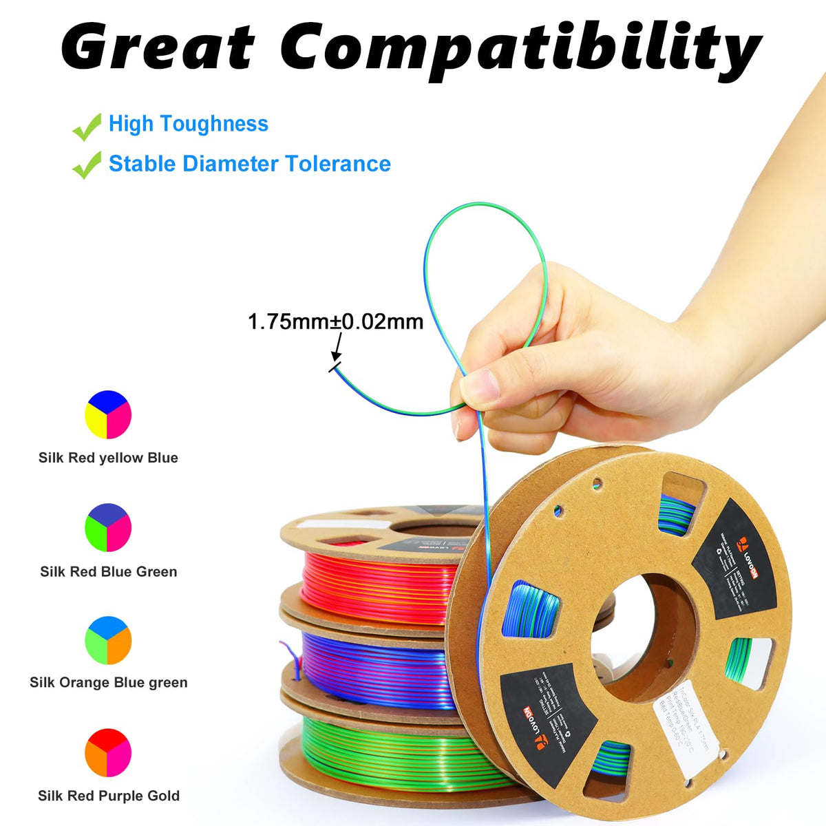 LOVOON 3D Printer Filament Bundle, Silk PLA Multicolor Filament, 200g x 4