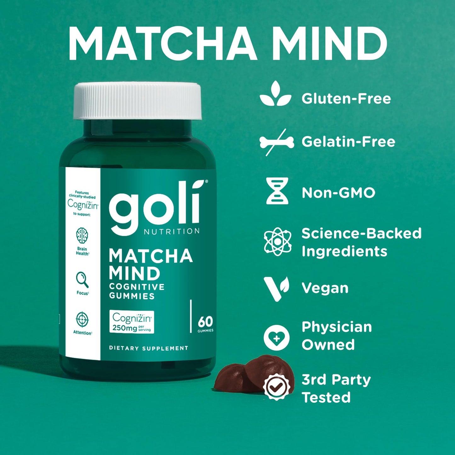 Goli Matcha Mind Cognitive Gummies with Cognizin Citicoline - 250mg Citicoline Plus Matcha Powder - Brain Health and Focus Support - Vegan, Non-GMO, Gluten-Free