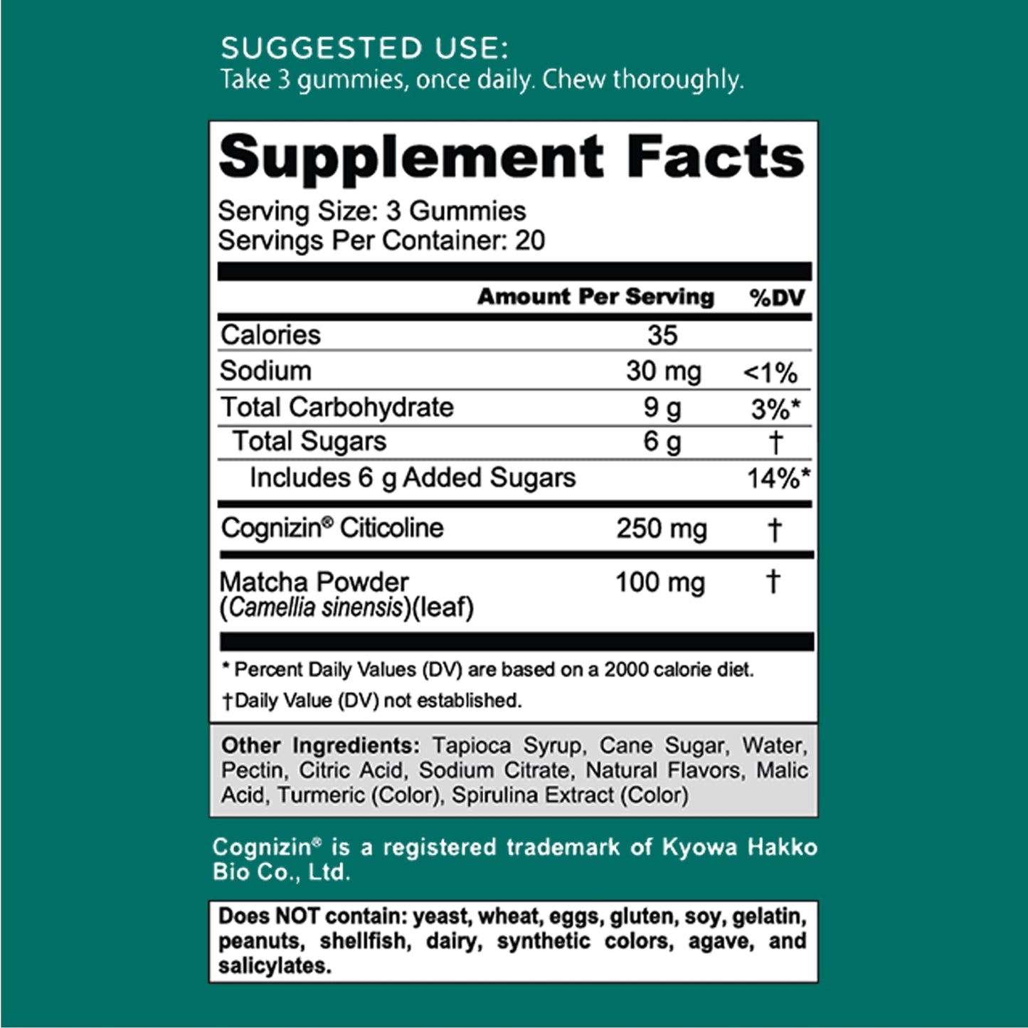 Goli Matcha Mind Cognitive Gummies with Cognizin Citicoline - 250mg Citicoline Plus Matcha Powder - Brain Health and Focus Support - Vegan, Non-GMO, Gluten-Free