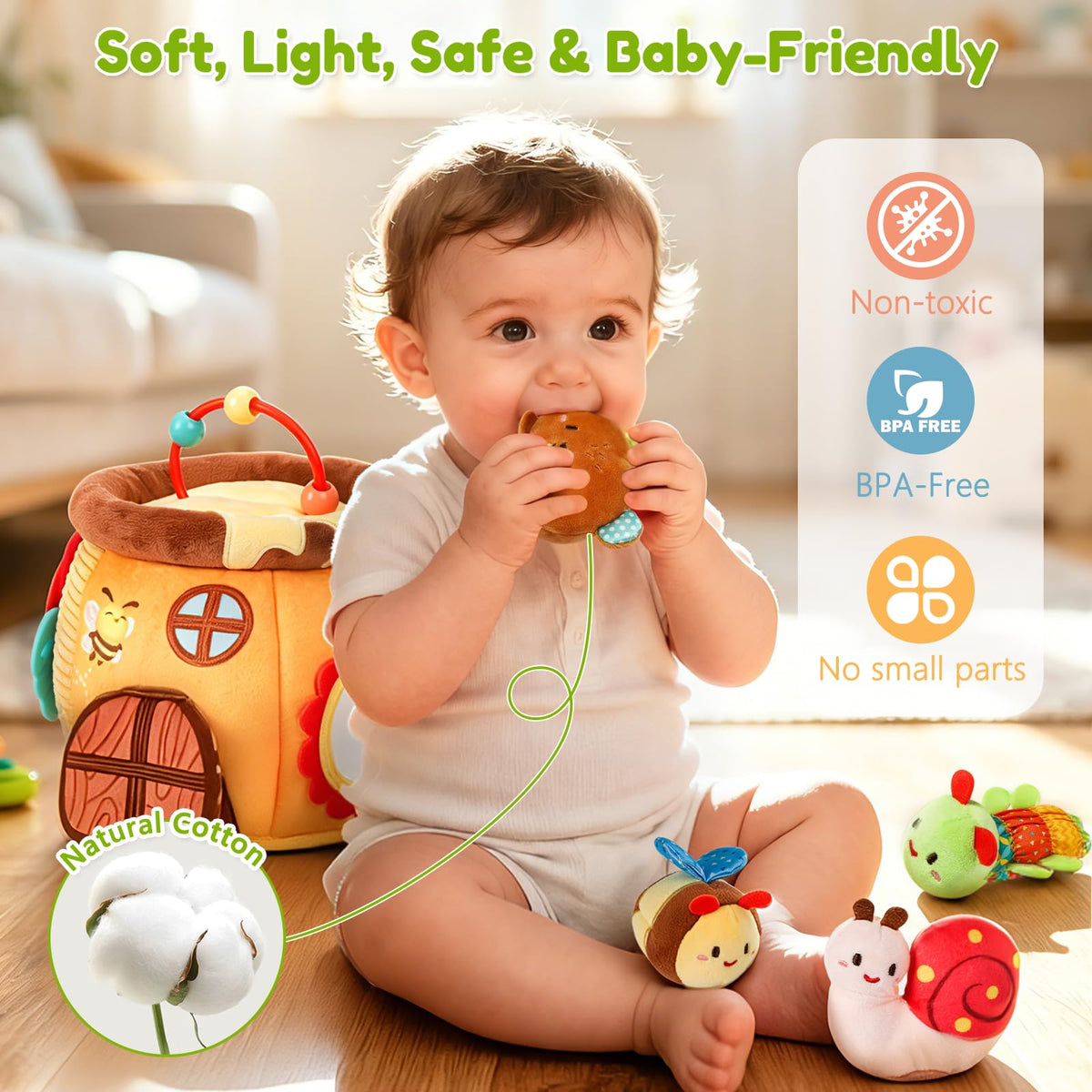Baby Sensory Toy for 6-12 Months, Soft Honey Jar with 6 Stuffed Animal Toys