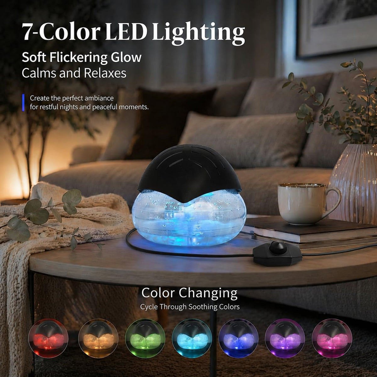 Air Freshener（Black） - for Home, Bedroom, Office and Warehouse - Essential Oil Aroma Diffuser with LED Color Night Light and Soothing Water Flow Sound - for Pets and Smokers.