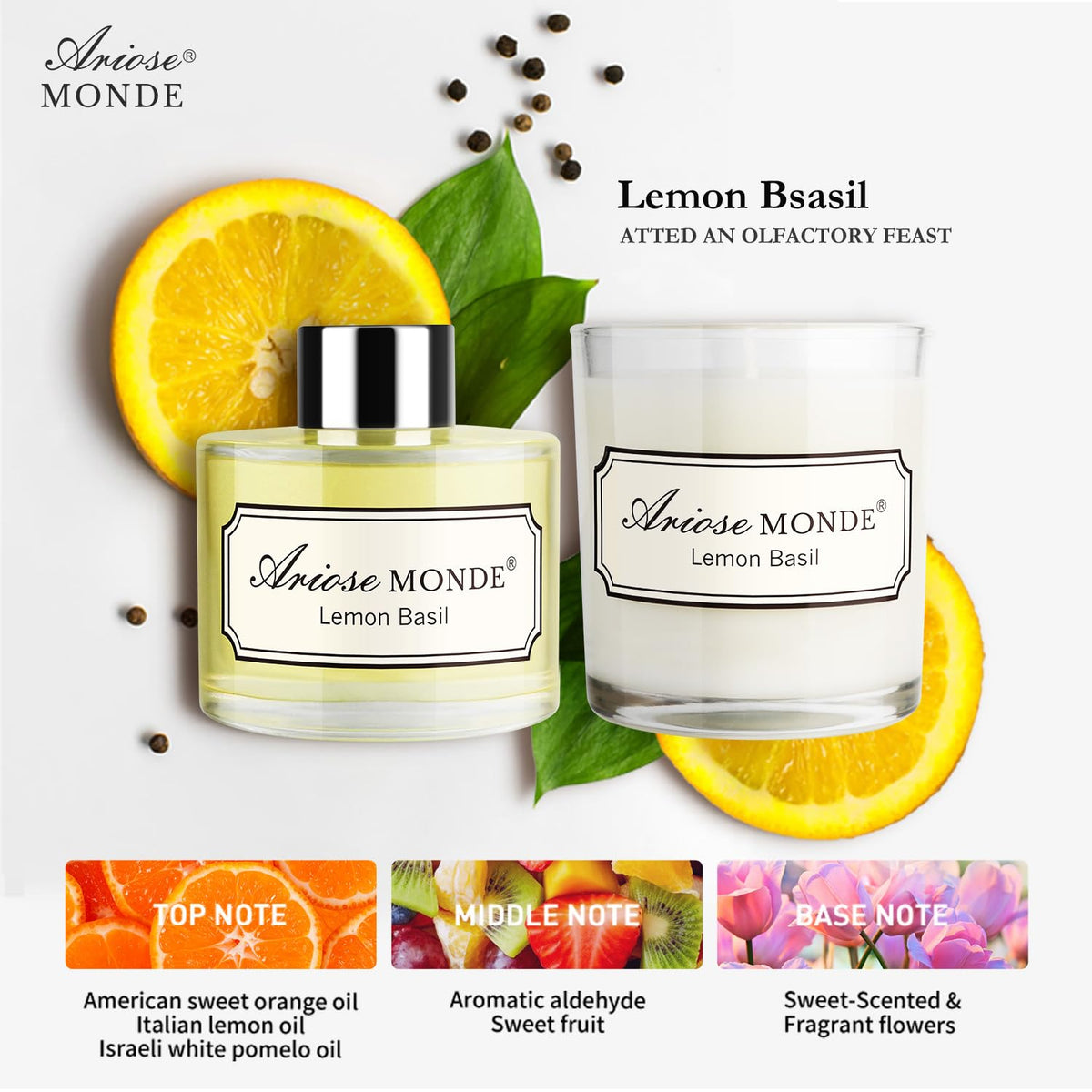 Reed Diffuser & Candle Gift Set, Lemon Oil Diffuser for Bathroom Decor