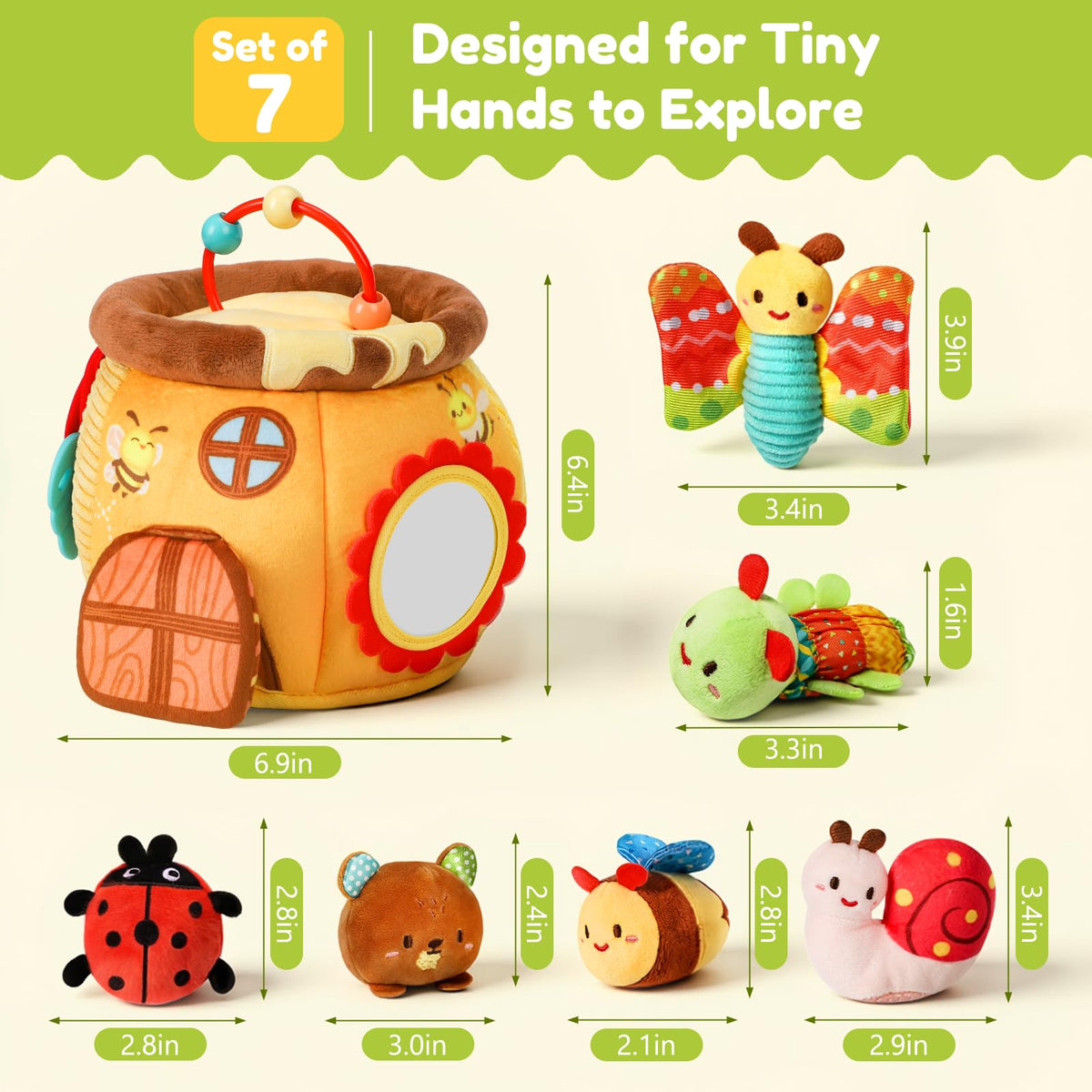 Baby Sensory Toy for 6-12 Months, Soft Honey Jar with 6 Stuffed Animal Toys