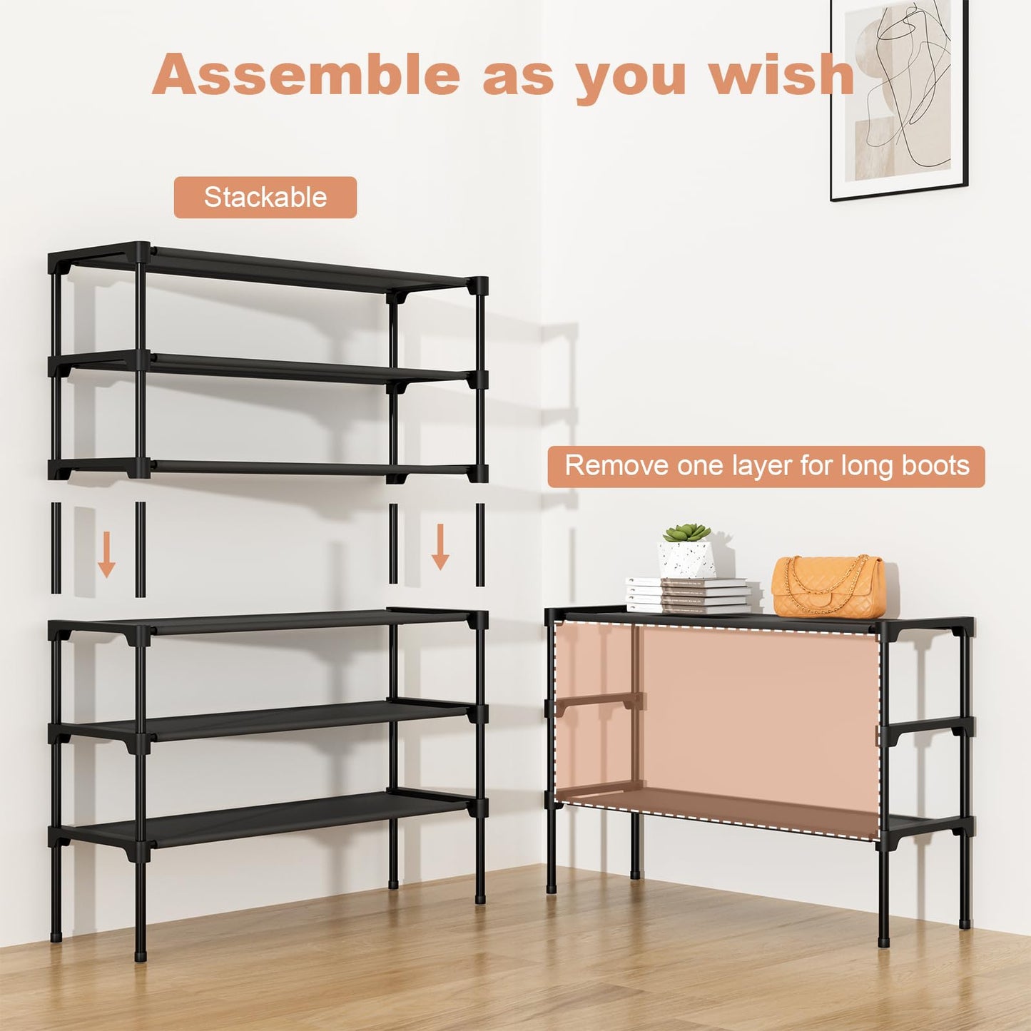 BrFoYu 32.3" Widening Design Shoe Rack for Closet 16 Pairs Small Spaces Non-Woven 3 Tier Shoe Organizer Stackable Metal Shoe Shelf for Entryway, Bedroom