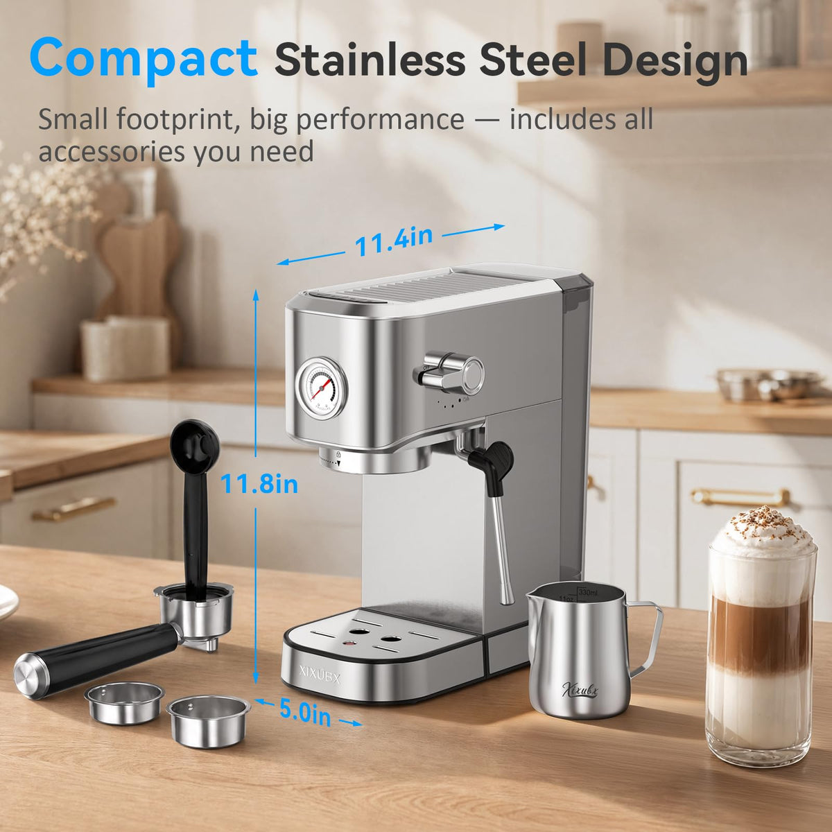 XIXUBX Espresso Machine with Milk Frother for Cappuccino & Latte, Sliver