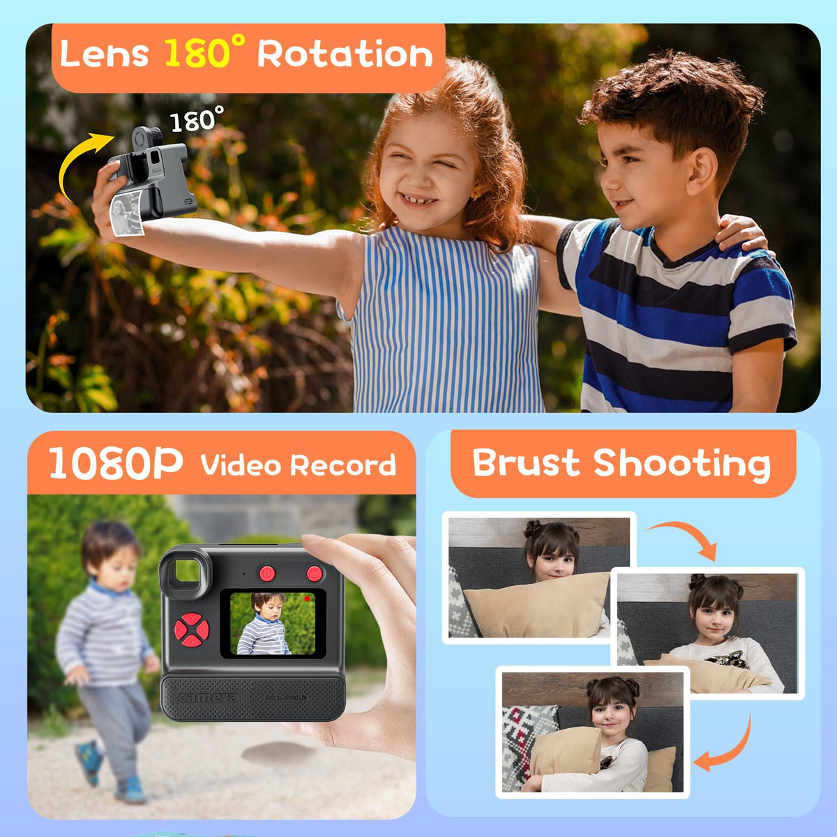 Kids Camera Instant Print, Christmas Birthday Gifts for Girl Boys 3-12 Years Old, FHD Selfie Digital Video Cameras Toddler 3 Rolls Print Paper & 32G Card