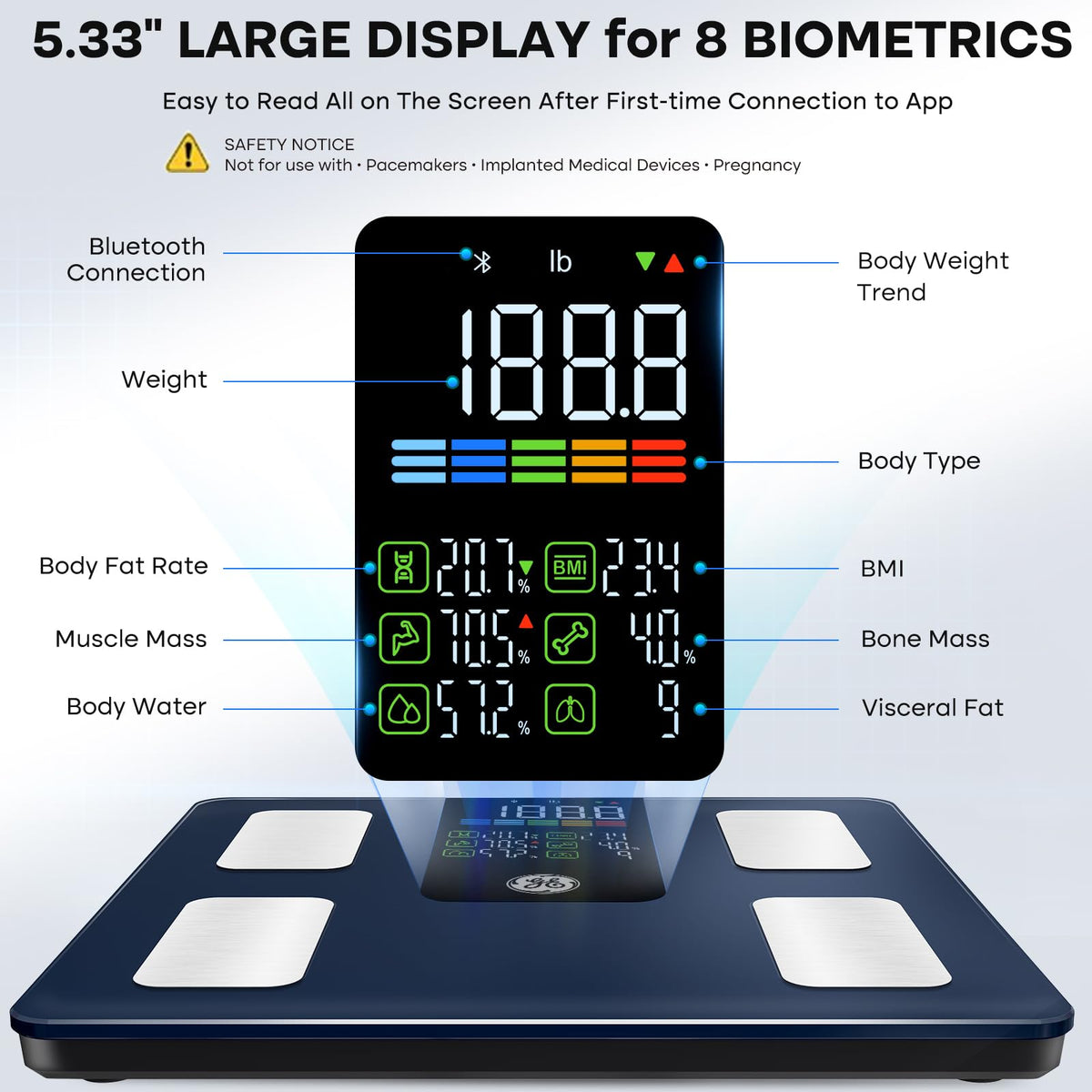 GE Smart Scale for Body Composition, Weight, BMI, 500lb, Large 11.8-Inch