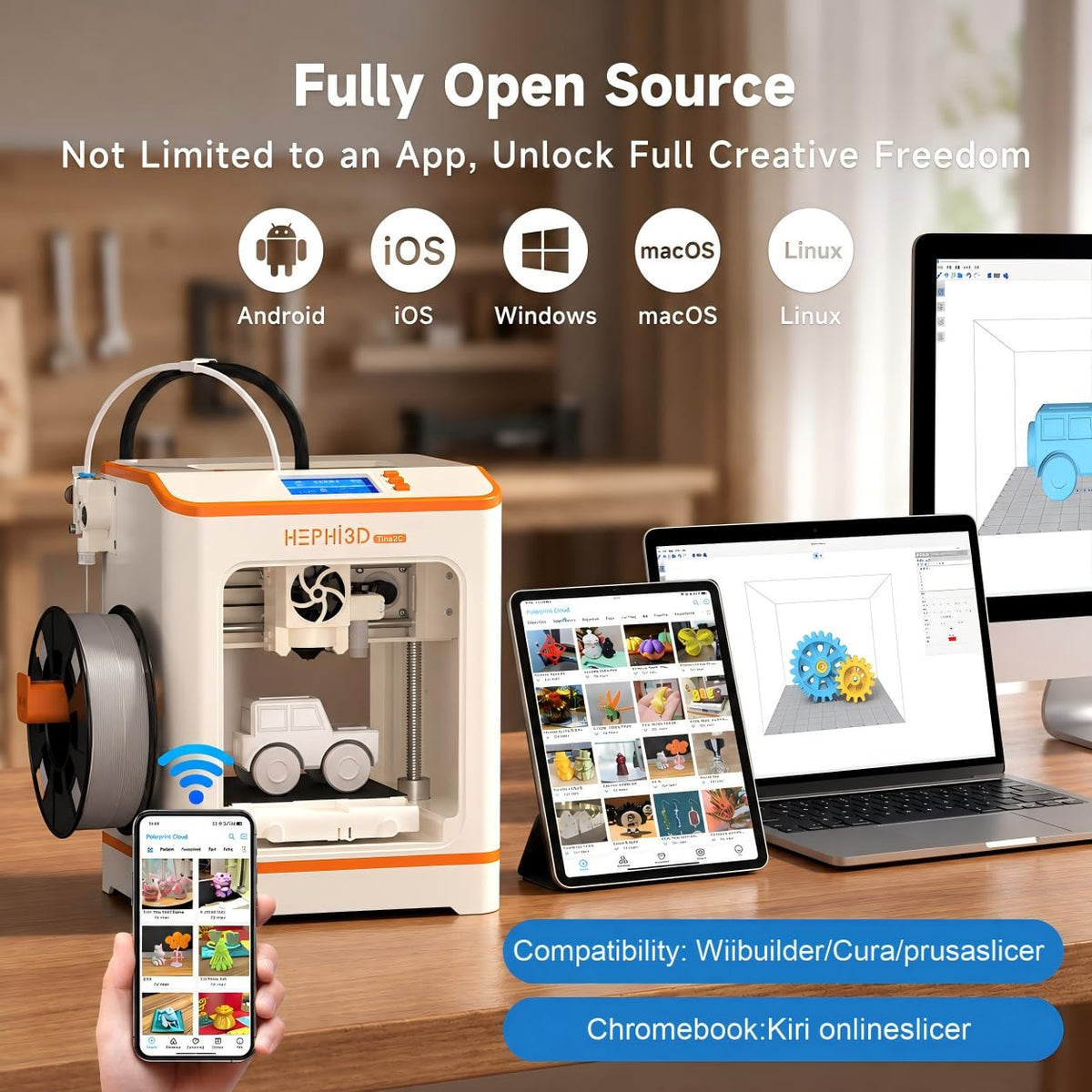 Hephi3d TINA2C 3D Printer Beginner Friendly, Easy-Ready to Print in 5 Mins