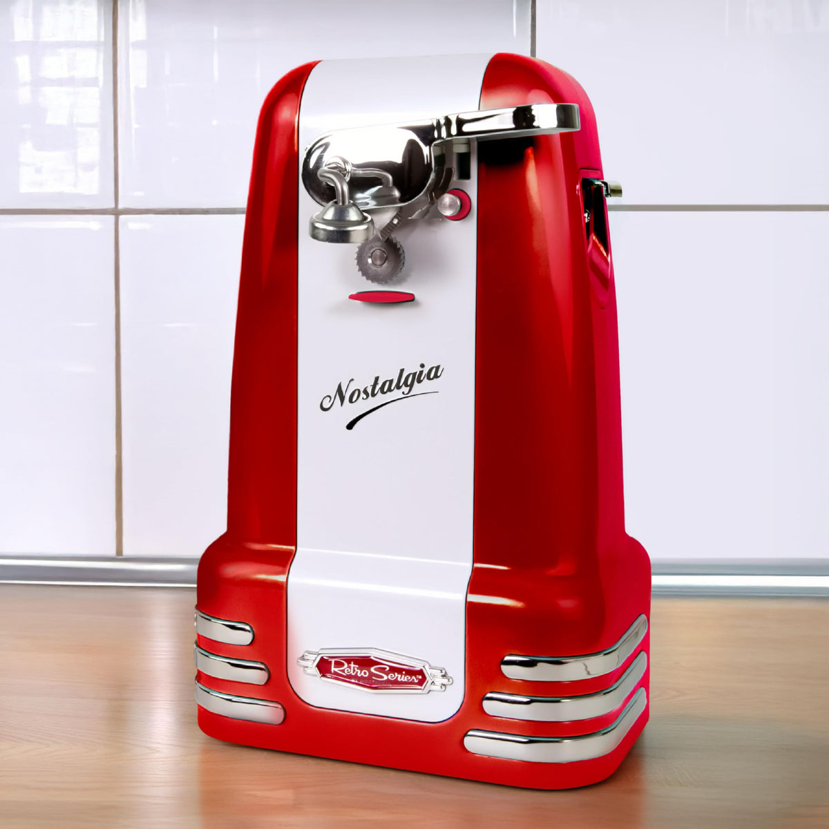 Nostalgia Retro Electric Can Opener for Kitchen with Magnetic Lid Remover, Knife Sharpener, and Soda or Beer Bottle Opener, Red