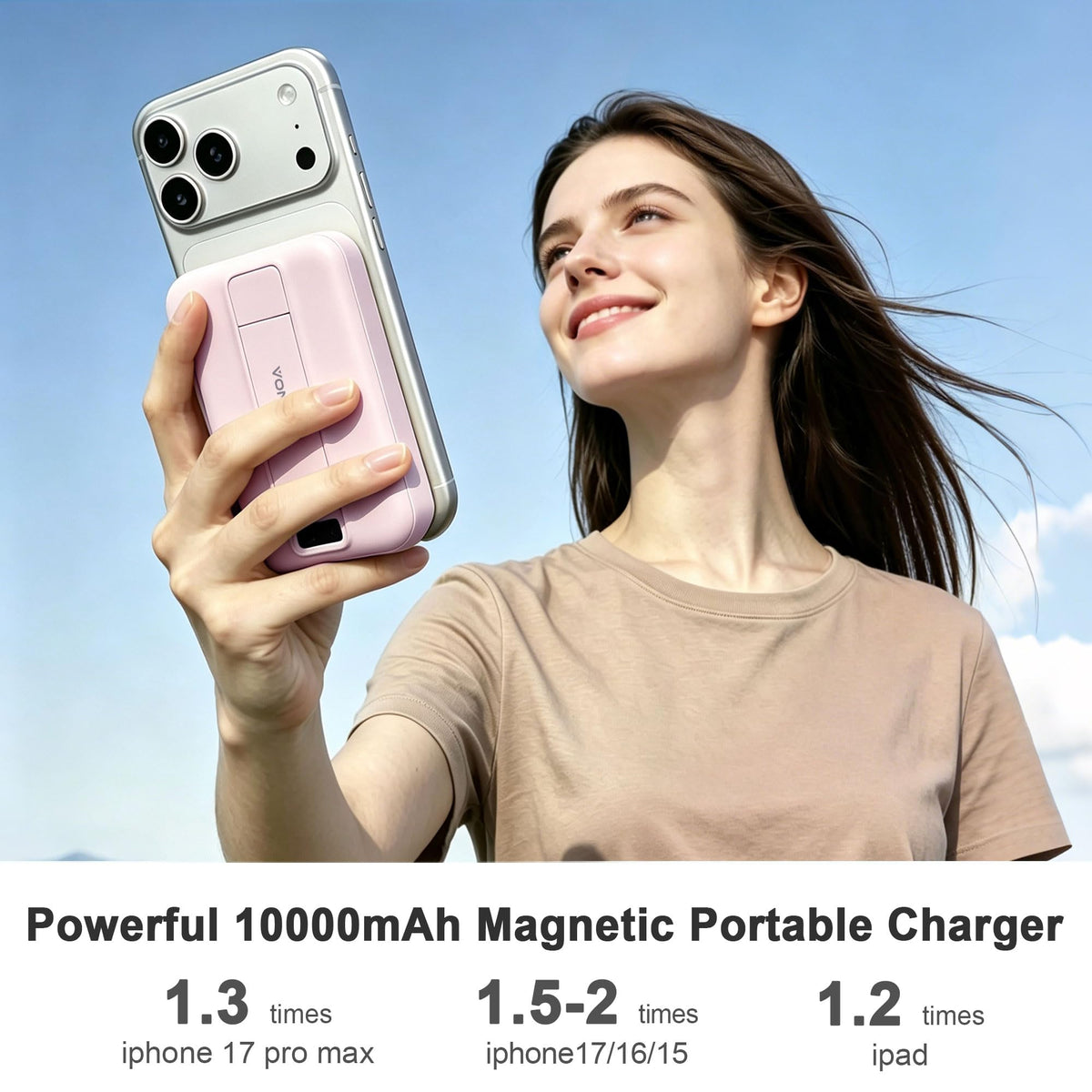 Magnetic Power Bank 10000mAh, Fast Charger with Built-in USB-C Cable(Pink)