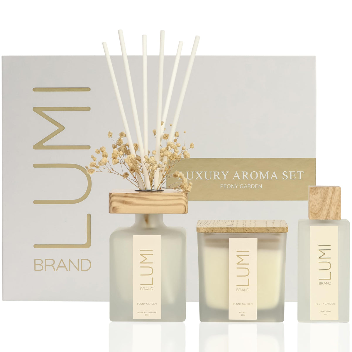 Luxury Aroma Gift Set | Peony Garden Scent - Reed Diffuser (200ml), Wood Wick Soy Candle (200g), Room Spray (50ml) | Includes Dried Flowers & 8 Reeds | Luxurious Fragrance for Home Décor | Great Gifts