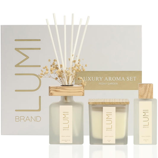 Luxury Aroma Gift Set | Peony Garden Scent - Reed Diffuser (200ml), Wood Wick Soy Candle (200g), Room Spray (50ml) | Includes Dried Flowers & 8 Reeds | Luxurious Fragrance for Home Décor | Great Gifts