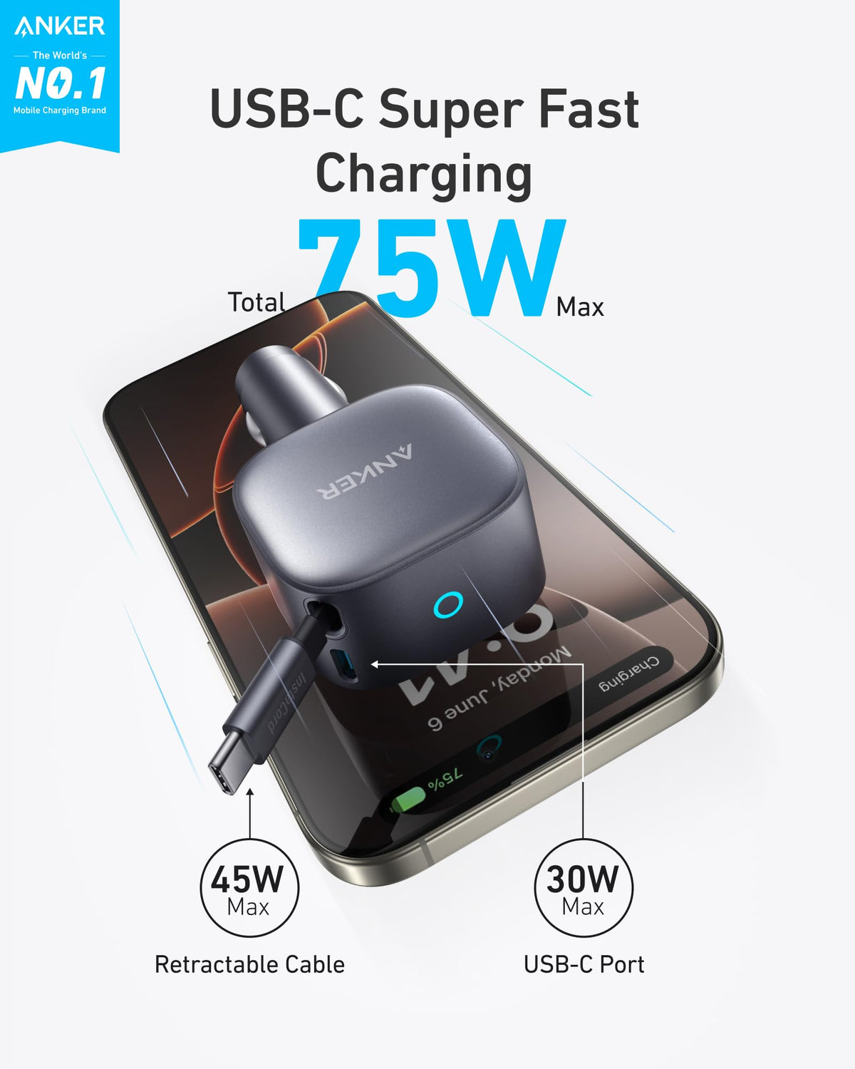 Anker 75W Fast Charging USB C Car Charger with Retractable Built-in Cable