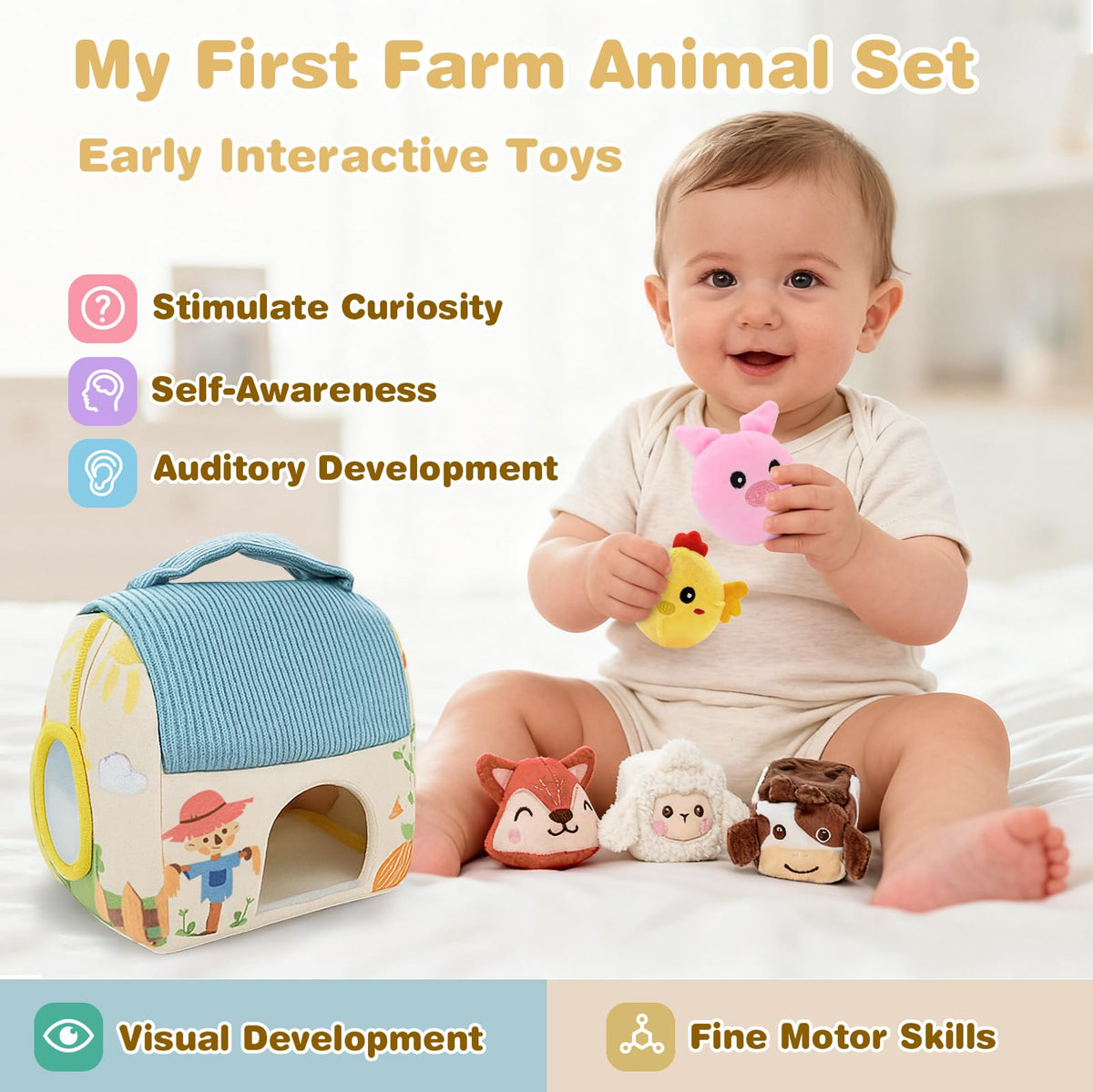 Baby Sensory Toys 6-12 Months Soft Rattle Plush Barn Animal Baby Boy Gifts
