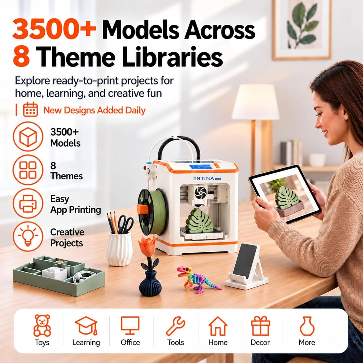 Entina Tina2C Mini 3D Printer Bundle for Kids & Beginners, Fully Assembled, Auto Leveling, Easy Setup, WiFi & App Control, 3500+ Models, 25+ DIY Modules, Includes 4-Color PLA Filament