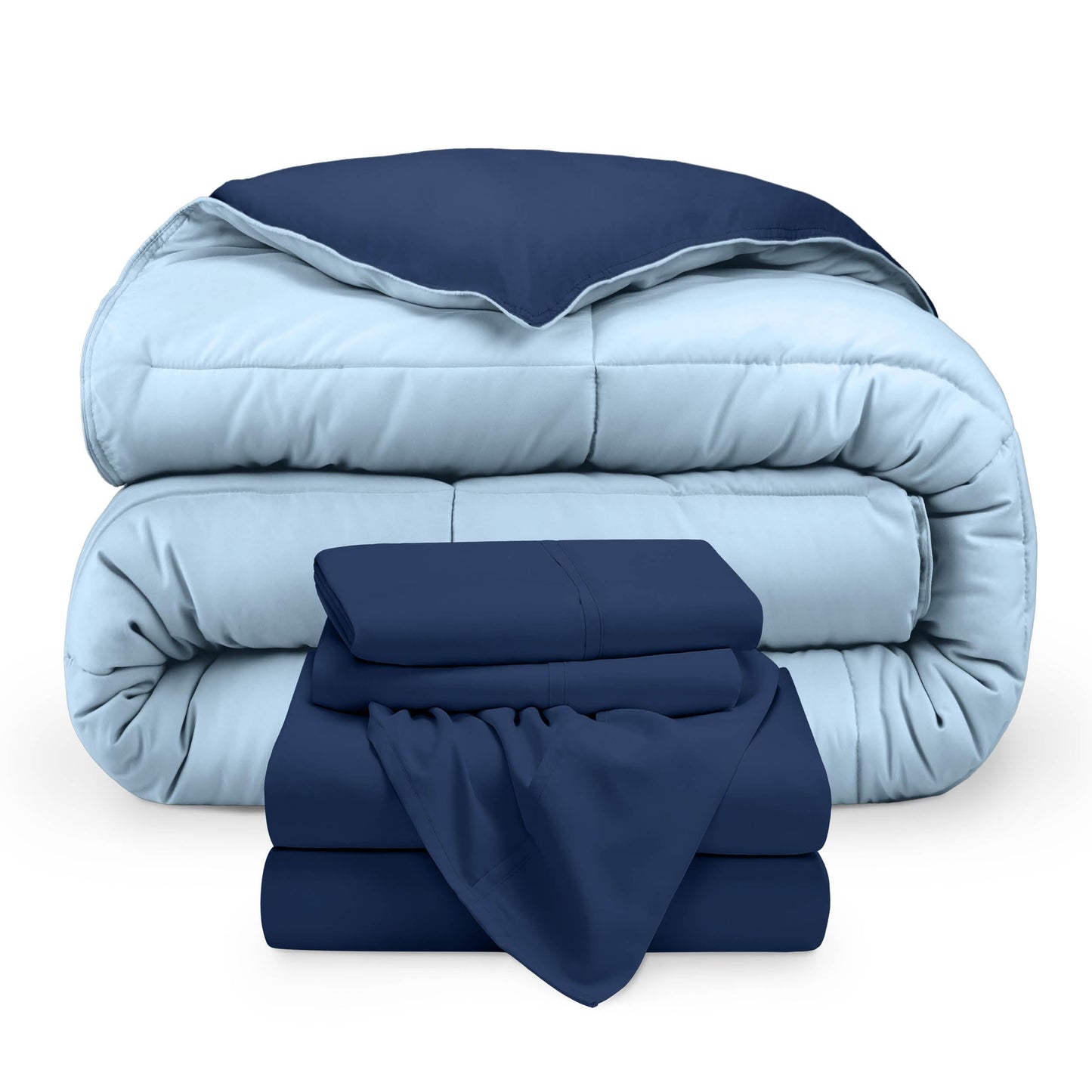 Bare Home Reversible Bed-in-A-Bag Comforter & Sheet Set - Queen - Down Alternative - Soft - Bedding Set (Queen, Dark Blue/Light Blue)