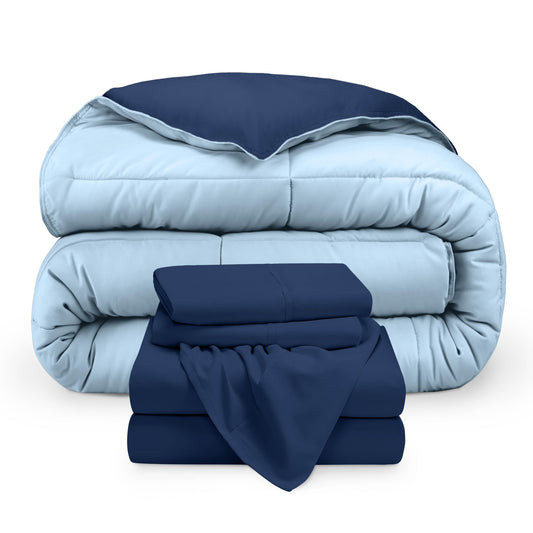 Bare Home Reversible Bed-in-A-Bag Comforter & Sheet Set - Queen - Down Alternative - Soft - Bedding Set (Queen, Dark Blue/Light Blue)